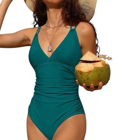 NWT Charmo Tummy Control One Piece Ruched Strappy VNeck Swimsuit UPF 50+ Large - Picture 1 of 7